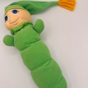 Vintage 1982 Hasbro Playskool Green Plush Glow Worm with Yellow Tassel Hat